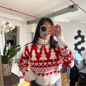 Red and White Cowl Neck Sweater with Geometric Patterns